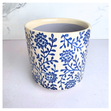 Load image into Gallery viewer, Cyanne Ceramic planter with blue floral pattern on a white background, featuring the brand &#39;LEAFERIE&#39;.
