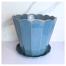 Load image into Gallery viewer, Indira Blue scalloped edge planter with saucer on a white background, featuring the LEAFERIE brand.
