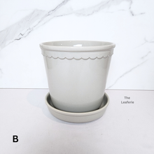 Load image into Gallery viewer, The Leaferie Freja glossy pot with tray. white and ash colour ceramic pot
