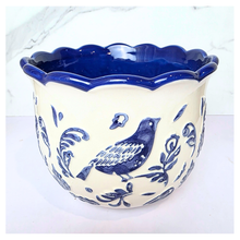 Load image into Gallery viewer, Camari Ceramic planter with blue bird and floral patterns on a white background, featuring the brand &#39;LEAFERIE&#39;.
