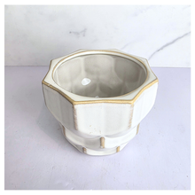 Load image into Gallery viewer, Dove White ceramic planter with gold accents on a light gray background, featuring the Leaferie brand.
