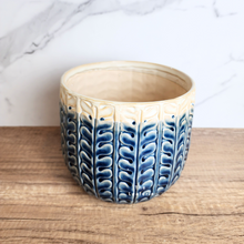 Load image into Gallery viewer, The Leaferie Aretie Blue and white ceramic pot. Leaf motif
