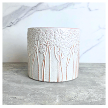 Load image into Gallery viewer, Meliora Ceramic planter with floral patterns on a gray surface, branded 'Meliora' and 'Leaferie'.
