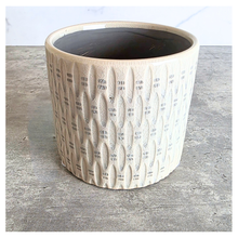 Load image into Gallery viewer, Hugo Ceramic planter with textured design on a gray surface, featuring the brand 'LEAFERIE'.
