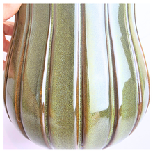 Load image into Gallery viewer, Zyra Green ceramic vase with striped pattern on a white background, featuring the brand &#39;LEAFERIE&#39;.

