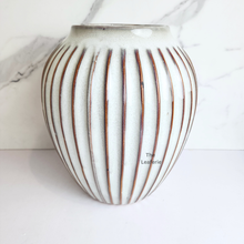 Load image into Gallery viewer, The Leaferie Velde tall flowerpot. ceramic white colour with stripes
