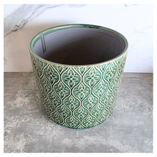 Load image into Gallery viewer, Perla Green patterned ceramic pot on a marble surface with 'LEAFERIE' 
