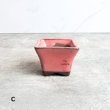 Load image into Gallery viewer, Pink ceramic planter with &#39;The Leaferie&#39; branding on a light wooden floor.
