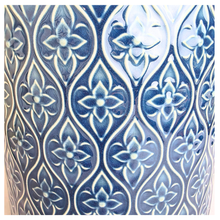 Load image into Gallery viewer, Sapphire Blue patterned candle container with 'LEAFAERIE' branding on a marble background
