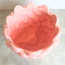 Load image into Gallery viewer, A pink ceramic planter with a textured, scaled leaf-like pattern, labeled 'Runa' by the brand LEAFERIE, set against a white marble background.

