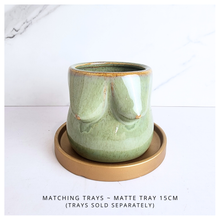 Load image into Gallery viewer, Green ceramic mug with gold rim on a matching gold tray against a white background
