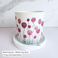 Load image into Gallery viewer, White planter with pink floral design on a matching tray, on a white background.
