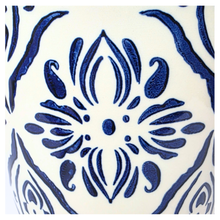 Load image into Gallery viewer, Lisette Ceramic planter with blue floral pattern on a white background, featuring the brand &#39;LEAFERIE&#39;.
