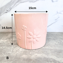 Load image into Gallery viewer, The Leaferie Elian flowerpot. Floral green and pink color ceramic pot.
