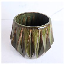 Load image into Gallery viewer, Leaferie Virelle ceramic pot with geometric pattern on a white background, featuring the brand &#39;LEAFAERIE&#39;.
