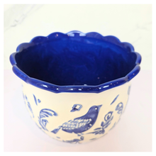 Load image into Gallery viewer, Camari Ceramic planter with blue bird and floral patterns on a white background, featuring the brand &#39;LEAFERIE&#39;.
