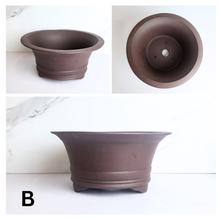 Load image into Gallery viewer, Brown ceramic pot with top and side views on a white background
