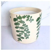 Load image into Gallery viewer, Verdin Two ceramic planters with green leaf patterns on a light blue background, featuring the brand 'LEAFERIE'.
