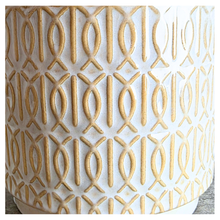 Load image into Gallery viewer, Toby white pot with gold patterns on a gray surface, featuring the Leaferie brand.
