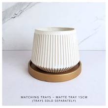 Load image into Gallery viewer, Oraya Leaferie White ribbed planter on a light gray background with Leaferie branding.
