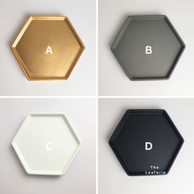 Load image into Gallery viewer, The Leaferie hexagon ceramic trays . 4 colours, black, grey, gold and black. and 3 sizes. front view 
