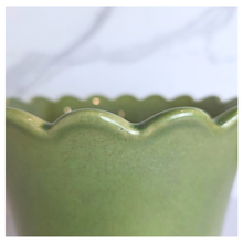 Load image into Gallery viewer, Marrel Green ceramic planter with scalloped edge on a light background, featuring the LEAFERIE brand.
