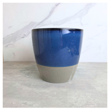 Load image into Gallery viewer, Ryder Blue and beige ceramic planter with 'Leaferie' branding on a marble background
