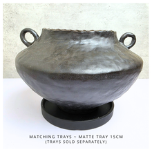 Load image into Gallery viewer, Leaferie SIgnature Black ceramic Flowerpot with handles on a white surface, branded &#39;Leaferie&#39;.
