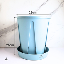 Load image into Gallery viewer, Light blue plant pot with measurements on a white background
