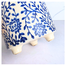 Load image into Gallery viewer, Cyanne Ceramic planter with blue floral pattern on a white background, featuring the brand &#39;LEAFERIE&#39;.
