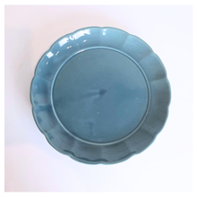 Load image into Gallery viewer, Indira Blue scalloped edge planter with saucer on a white background, featuring the LEAFERIE brand.
