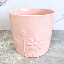 Load image into Gallery viewer, The Leaferie Elian flowerpot. Floral green and pink color ceramic pot.
