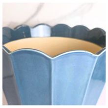 Load image into Gallery viewer, Indira Blue scalloped edge planter with saucer on a white background, featuring the LEAFERIE brand.
