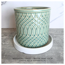 Load image into Gallery viewer, Caleb Teal patterned ceramic planter on a gray surface with 'LEAFERIE' 
