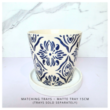 Load image into Gallery viewer, Lisette Ceramic planter with blue floral pattern on a white background, featuring the brand &#39;LEAFERIE&#39;.
