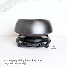 Load image into Gallery viewer, Black ceramic planter on a matching stand with text about a plastic tray.
