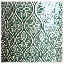 Load image into Gallery viewer, Perla Green patterned ceramic pot on a marble surface with 'LEAFERIE' 
