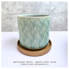 Load image into Gallery viewer, Rosso Green ceramic pot with geometric pattern on a light gray background, featuring the Leaferie brand.
