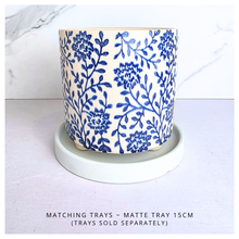 Load image into Gallery viewer, Cyanne Ceramic planter with blue floral pattern on a white background, featuring the brand &#39;LEAFERIE&#39;.
