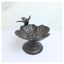 Load image into Gallery viewer, Barry cast iron Decorative bird bath with a bird on top, branded 'LEAFERIE', on a white background.
