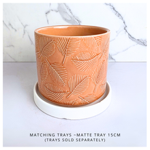 Load image into Gallery viewer, Azelle Ceramic planter with leaf pattern on a marble background, featuring the brand 'LEAFERIE'.
