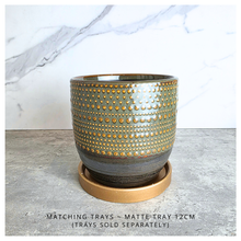 Load image into Gallery viewer, Lowell pot with gold and black design on a gray surface, featuring the Leaferie brand.
