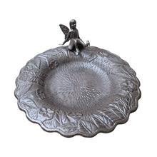 Load image into Gallery viewer, Cast Iron bird bath with a fairy figure on a white background, featuring the Leaferie brand.
