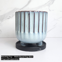 Load image into Gallery viewer, The Leaferie Rinne blue ceramic pot with stand.
