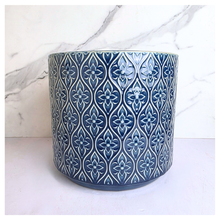 Load image into Gallery viewer, Sapphire Blue patterned candle container with 'LEAFAERIE' branding on a marble background
