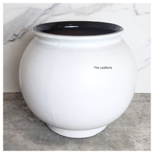 Load image into Gallery viewer, The Leaferie Aalto round green and white ceramic flowerpot. 
