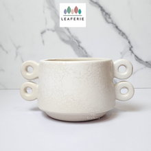 Load image into Gallery viewer, The Leaferie Aki Plant pot ceramic white pot with 4 handles. front view
