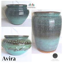 Load image into Gallery viewer, Avira by Leaperie, featuring a textured, ribbed glaze that transitions from a dark brown at the top to a vibrant teal-green at the base. The pot is shown from the front, side, and bottom angles against a white marble background.
