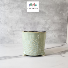 Load image into Gallery viewer, The Leaferie Brice plant pot. light green fern design . front view

