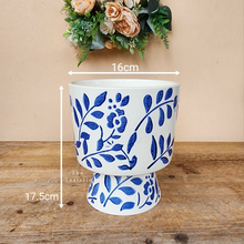 Load image into Gallery viewer, The Leaferie Liban plant pot . blue and white vase. front view. size
